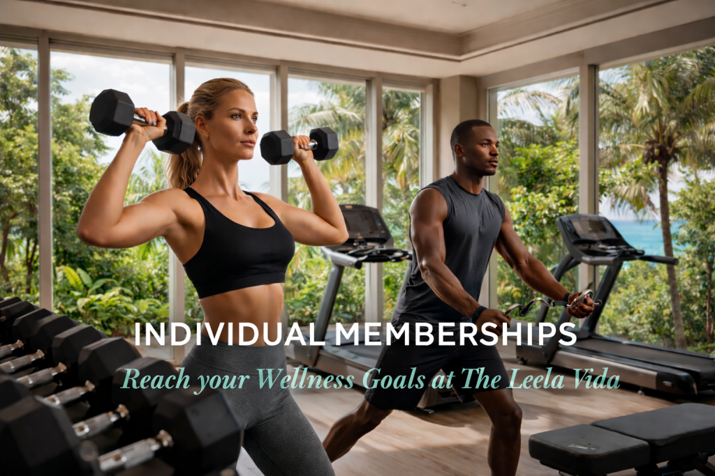 Individual memberships at The Leela Vida featuring an oceanfront gym in Barbados with strength training, cardio equipment, and tropical views supporting fitness and wellness goals