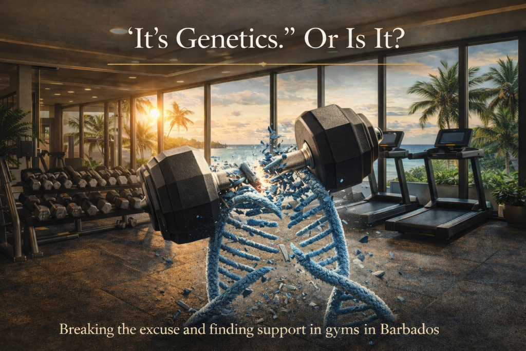 A symbolic image of a DNA strand being broken by heavy weights inside an oceanfront gym, representing how discipline and the right gym environment can overcome the genetics excuse in gyms in Barbados.