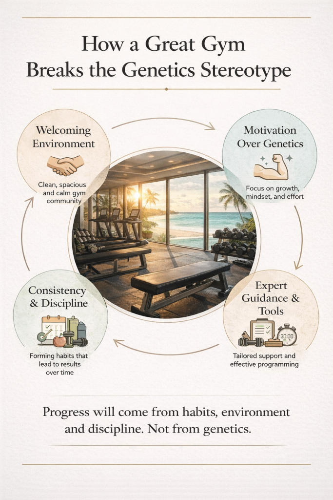 Diagram showing how a supportive gym environment, discipline, and consistency help overcome the genetics mindset in gyms in Barbados