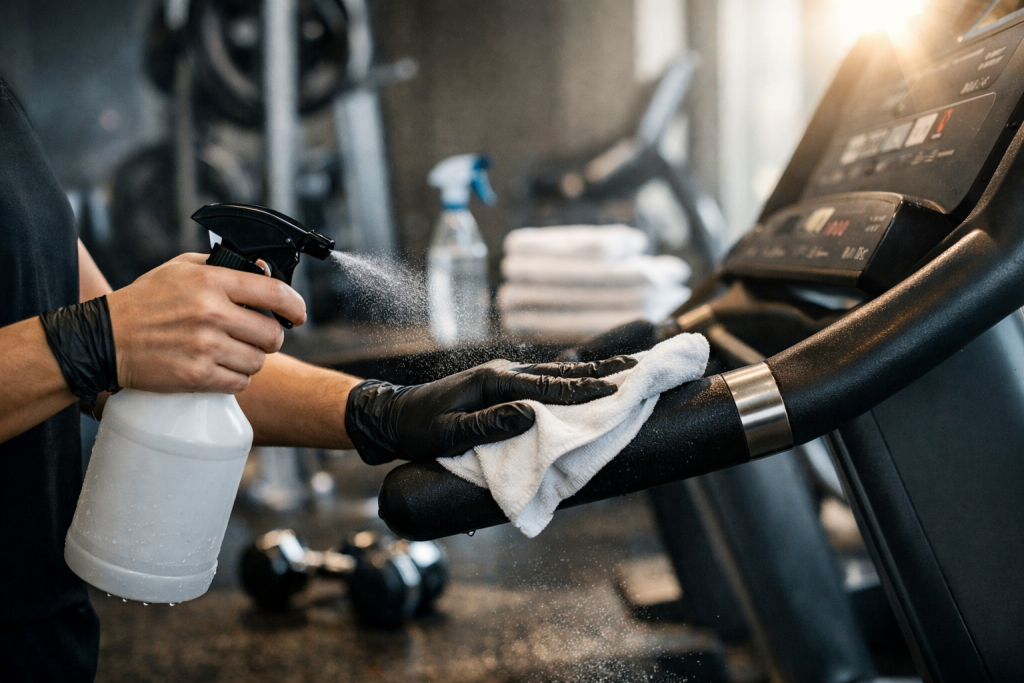 A close-up of gym equipment being wiped and sanitised during cleaning, showing the importance of hygiene standards expected in premium gyms in Barbados.