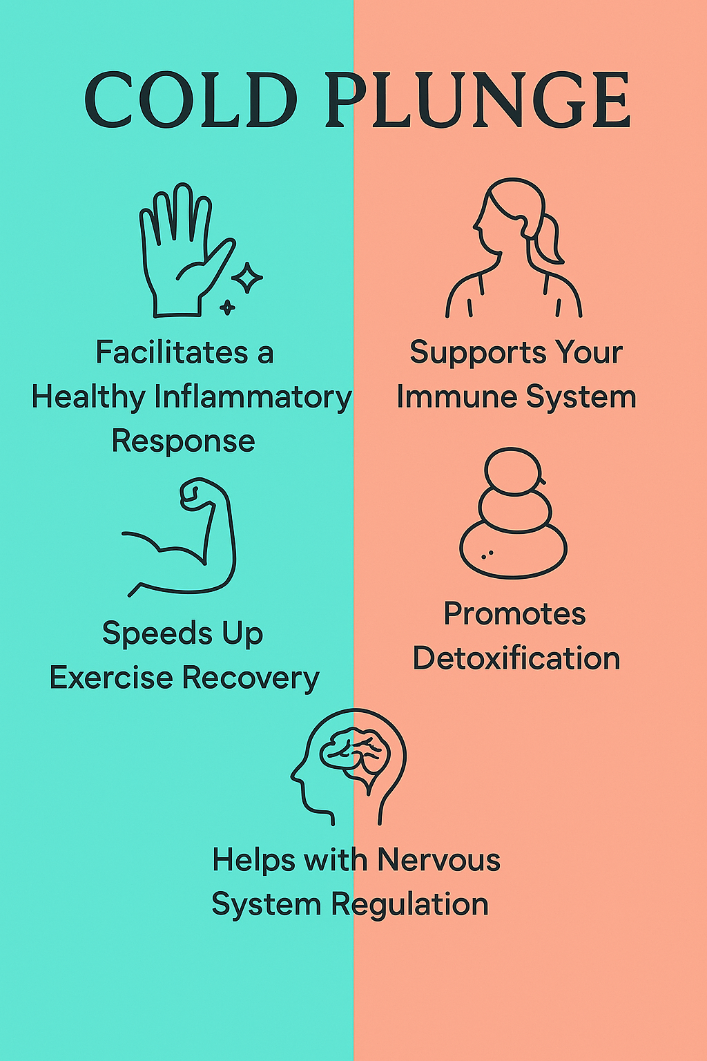Cold plunge benefits infographic showing improved immune support, faster exercise recovery, reduced inflammation, detox support, and nervous system balance at The Leela Vida.
