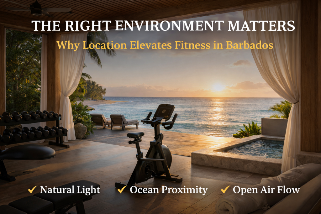 Open air gym in Barbados overlooking the ocean showing how location and environment elevate fitness and recovery
