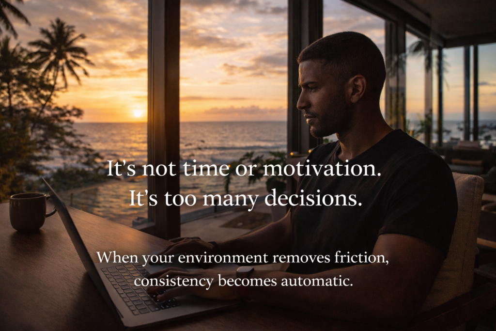 Focused professional working with ocean view at The Leela Vida, showing how gyms in Barbados remove friction and build consistency