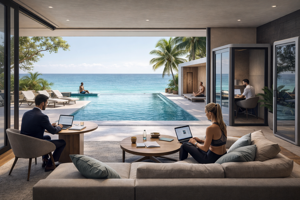 Oceanfront workspaces at The Leela Vida supporting focused work and balance in Barbados