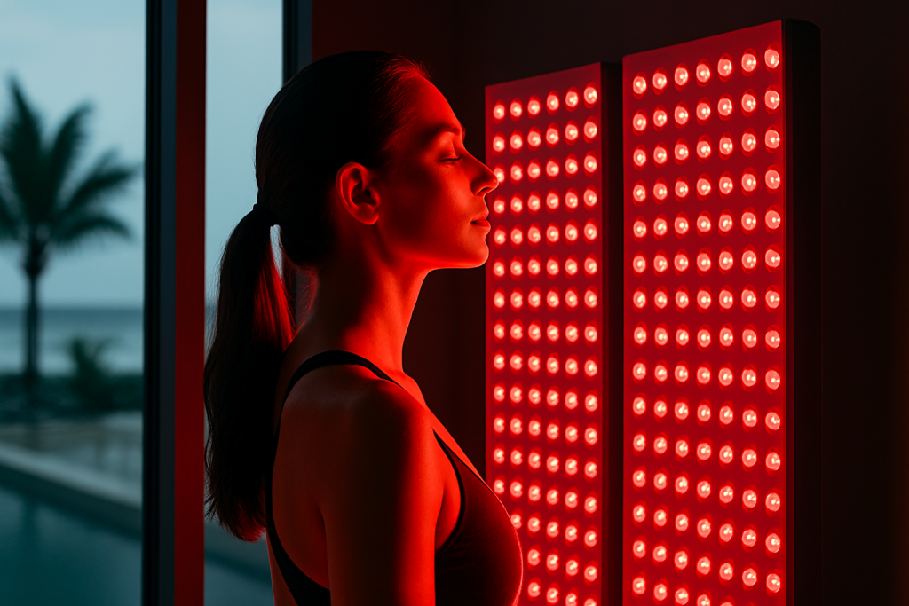 Woman receiving red light therapy in a modern wellness space at The Leela Vida in Barbados