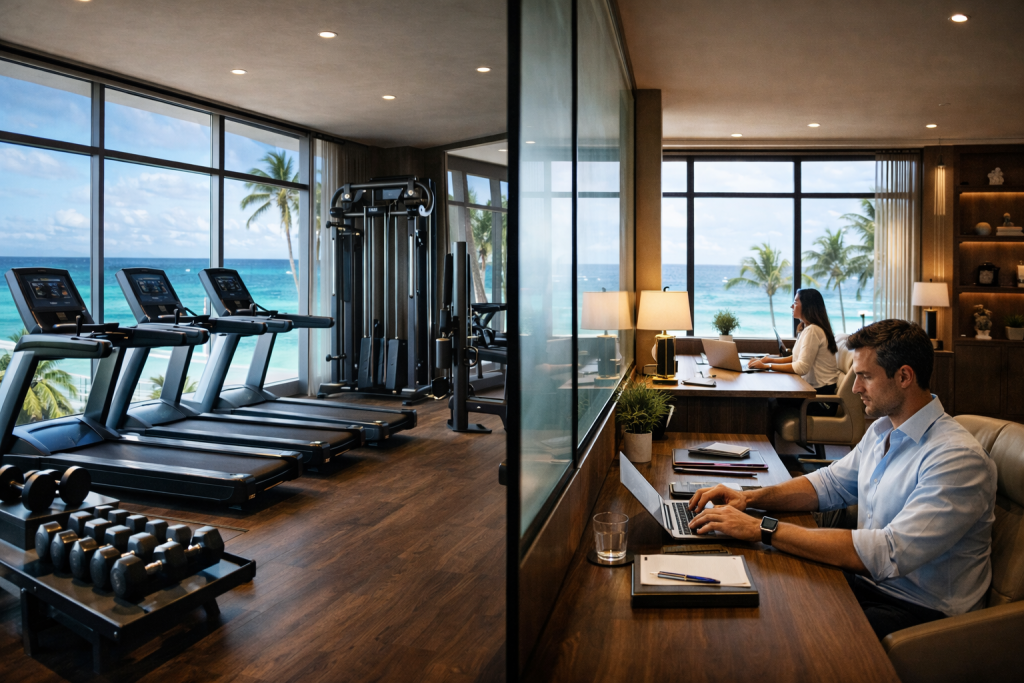 Seafront gym and private workspaces at The Leela Vida in Barbados showing fitness and focused work in one location
