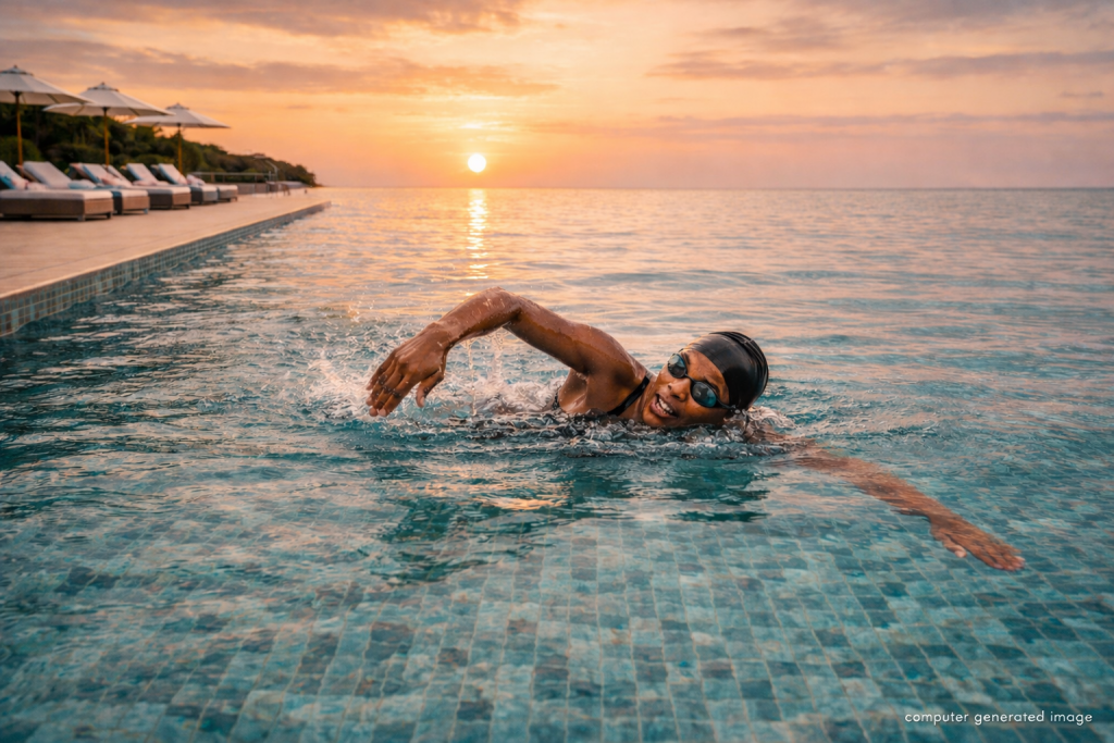 Female swimmer training at sunset in a jade-tiled swimming pool Barbados, lap swimming for fitness, endurance, and recovery at The Leela Vida