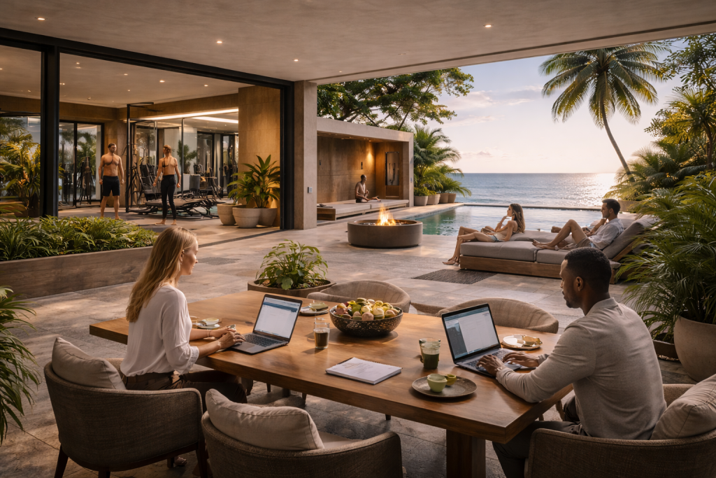 Modern professionals working, relaxing, and training with ocean view at The Leela Vida Barbados