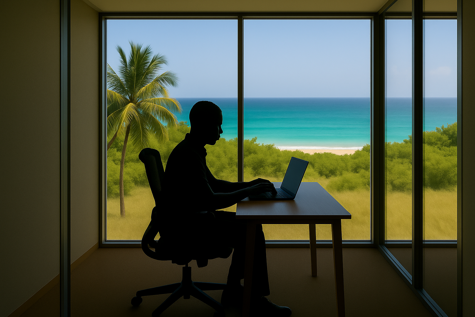 Silhouette of a professional working inside a private glass workspace pod with an ocean view at The Leela Vida in Barbados.