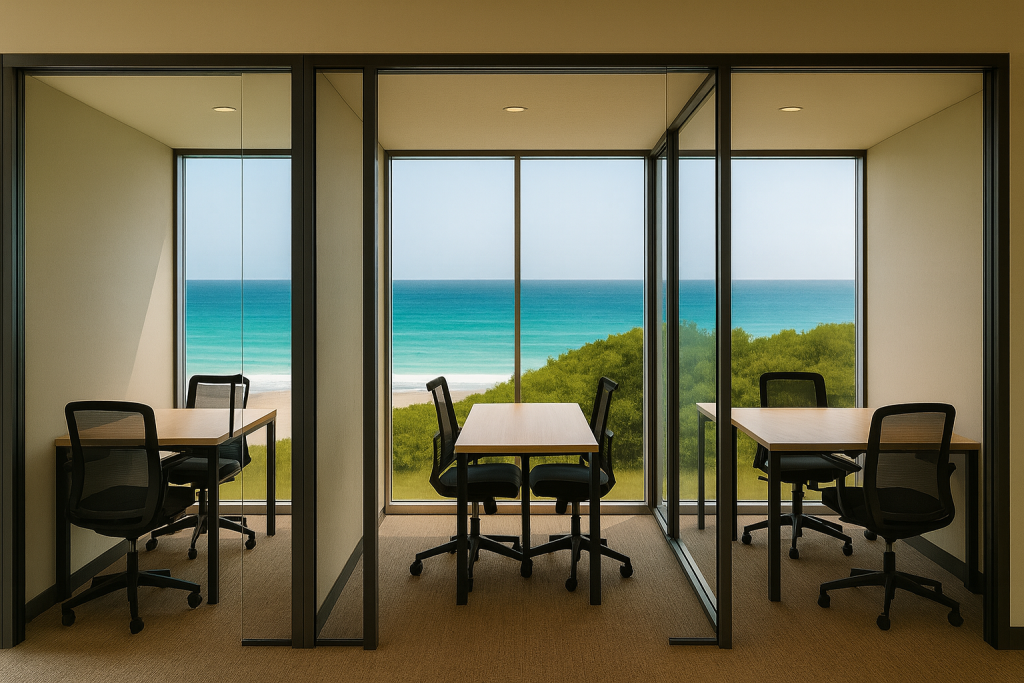 Private glass workspace pods overlooking the ocean at The Leela Vida in Christ Church Barbados.