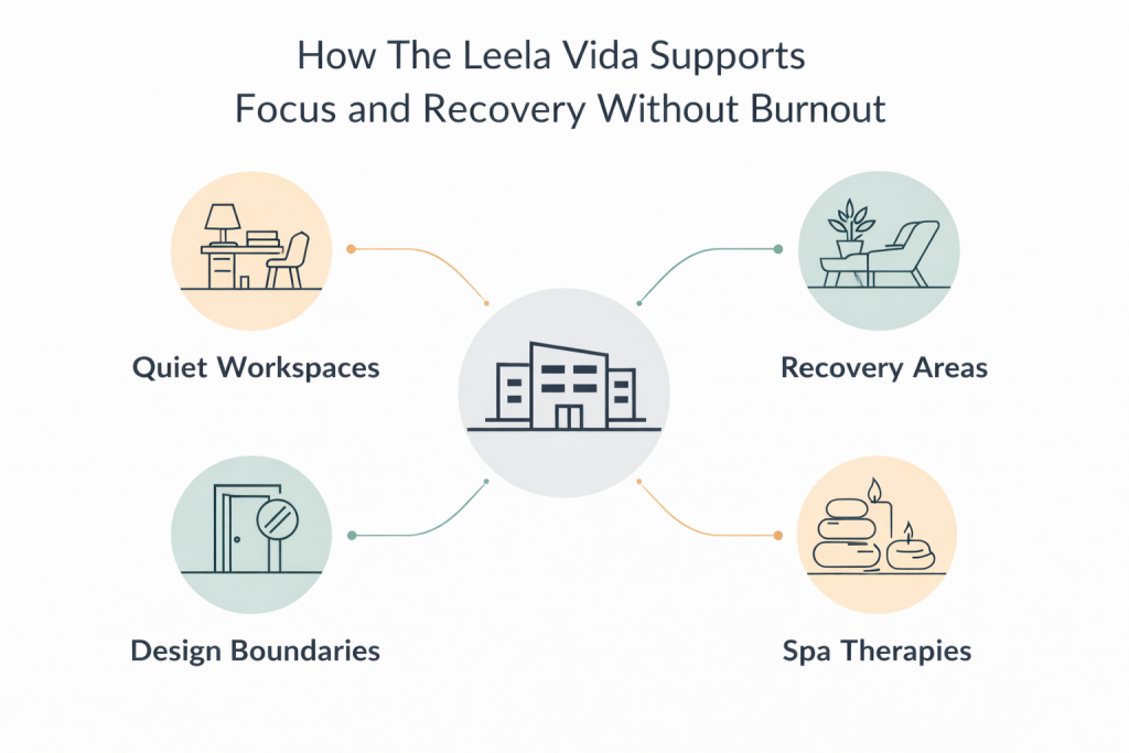 Focus and recovery support diagram showing how The Leela Vida enables sustained performance through private spaces and recovery design.