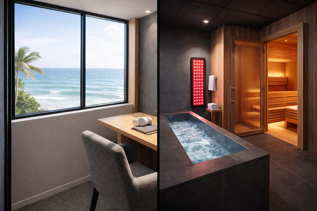Focus and recovery without burnout workspace at The Leela Vida combining private office pods with cold plunge, red light therapy, and infrared sauna.