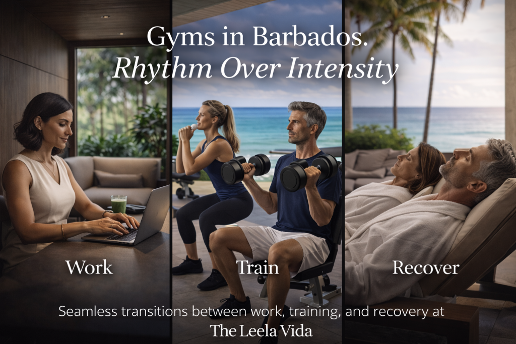 Gyms in Barbados:An integrated oceanfront lifestyle environment in Barbados showing calm work, recovery, and training flow designed for high performance rhythm