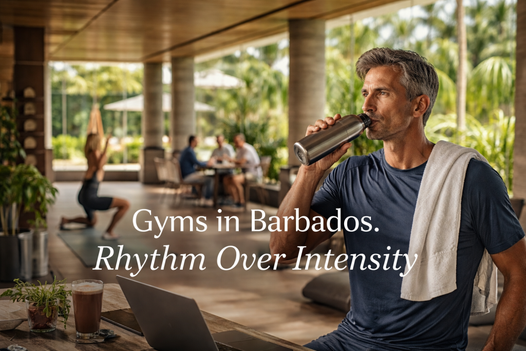 Private oceanfront gym in Barbados with a calm professional training while facing the sea