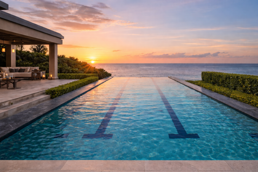 Infinity lap pool in Barbados at Leela Vida with pavilion, designed for disciplined swimming overlooking the sea