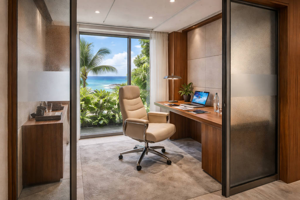 Workspace Pods in Barbados: Private workspace pods at Leela Vida in Barbados designed for focused work between training and recovery sessions