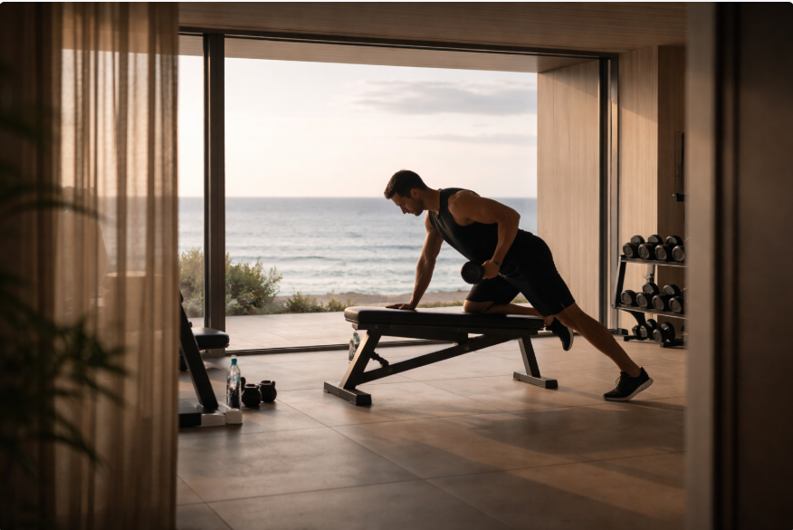 A single person training alone in a private oceanfront gym with a sea view in Barbados