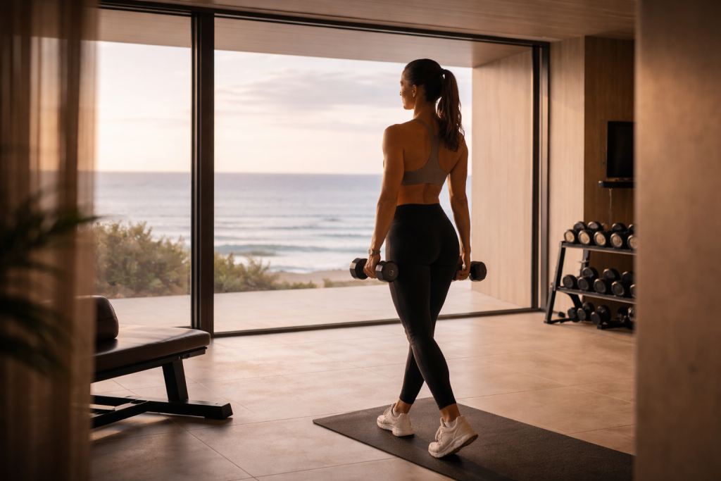 A woman working out peacefully in a private oceanfront gym while looking out at the sea in Barbados