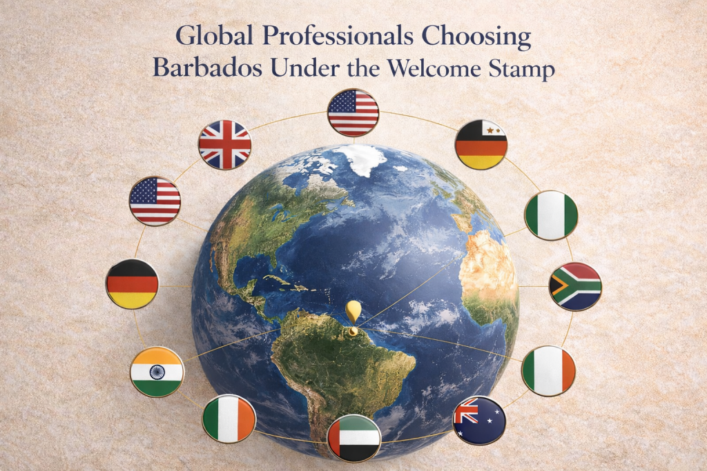 Best Remote Work Gym in Barbados illustrated with global professionals connecting to the island under the Welcome Stamp program