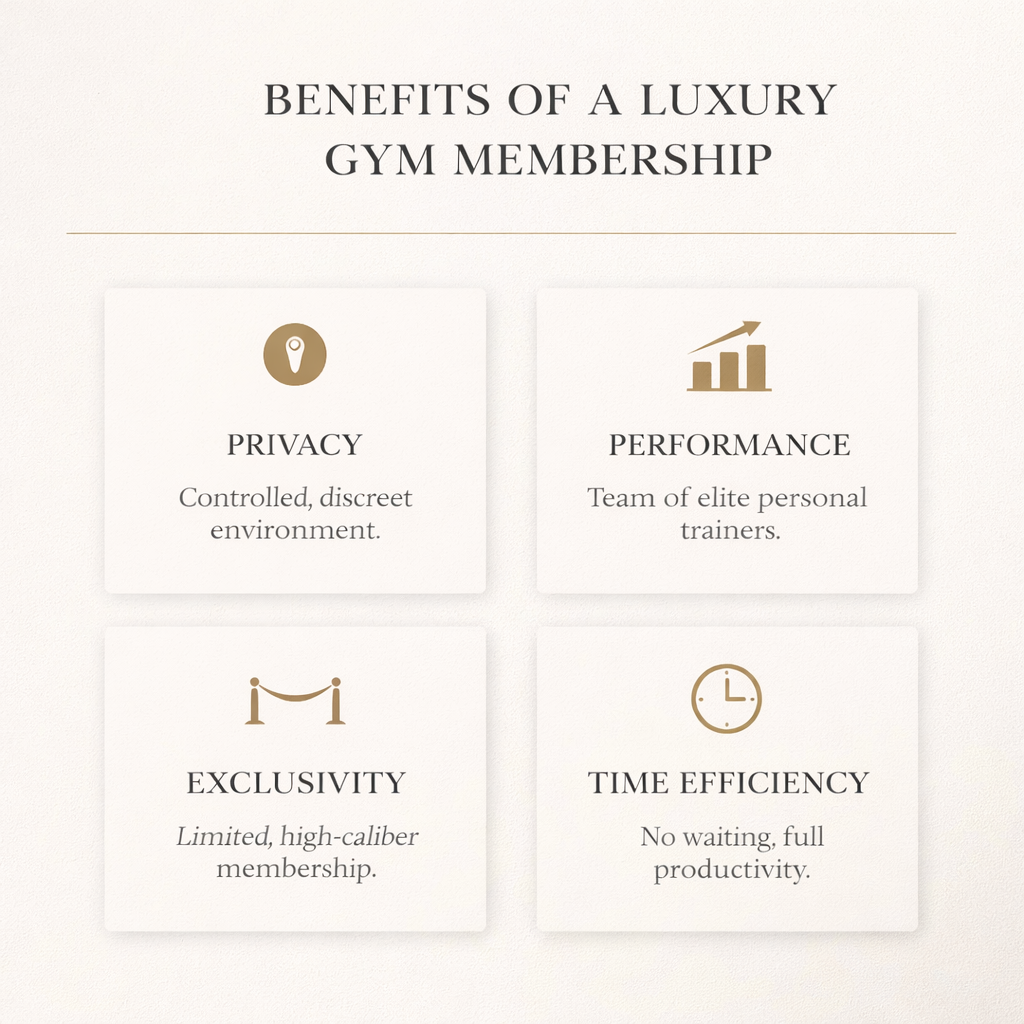 Luxury gym membership benefits in Barbados showing privacy, capped membership, executive workspace access, and recovery amenities