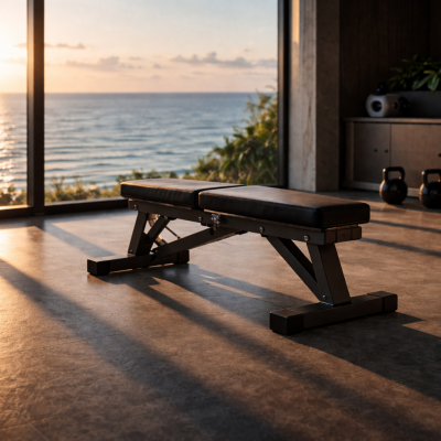 Minimalist gym with ocean sunset view
