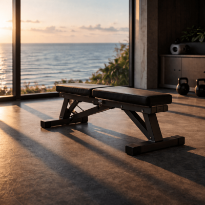Minimalist gym with ocean sunset view