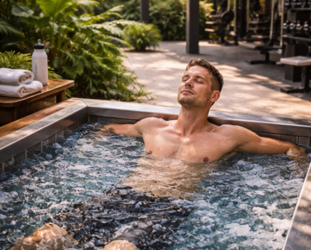 Calm cold plunge recovery space inside a premium gym in Barbados, designed for post workout relaxation and reset
