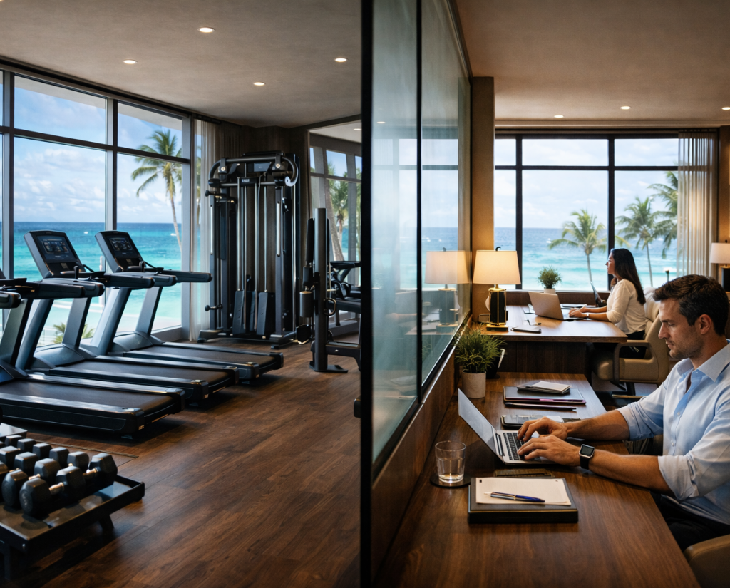 Seafront gym and private workspaces at The Leela Vida in Barbados showing fitness and focused work in one location